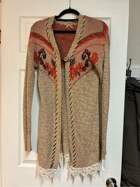 BKE Beige Cardigan with Coral and Black Floral lacy